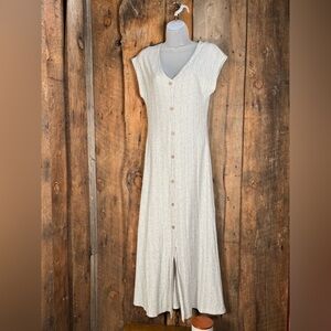 Caution To The Wind Cream/Grey Striped V-Neck Button-Front Maxi Dress